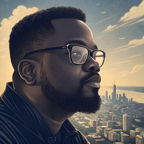 Illustrated portrait of Dhul Wells, a bearded man in glasses, with the Chicago skyline behind him